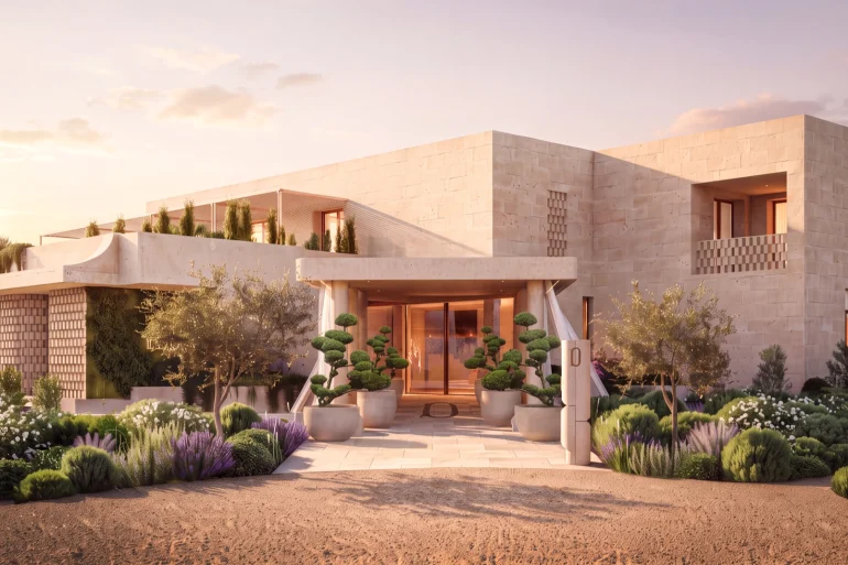 Rendu de l'entrée du futur Delano Puglia à Monopoli, façade en pierre claire, jardin méditerranéen et oliviers