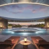 Rendu de la piscine au sel de magnésium sur le toit de l'Equinox Resort AMAALA, sous un oculus ouvert sur le ciel