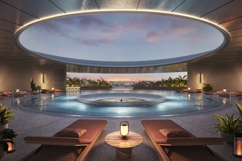 Rendu de la piscine au sel de magnésium sur le toit de l'Equinox Resort AMAALA, sous un oculus ouvert sur le ciel