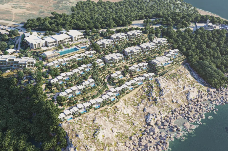 Rendu aérien du futur Four Seasons Resort Tanger au cap Malabata, villas en terrasses au-dessus du détroit de Gibraltar