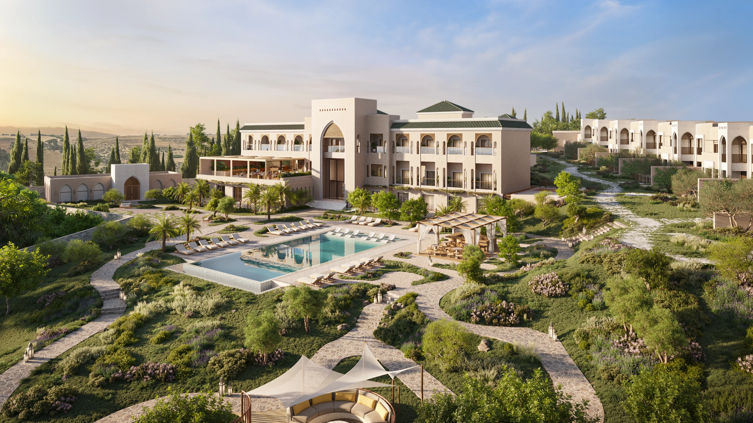 Rendu 3D en vue aérienne de l'Anantara Retreat Rabat, bâtiment principal à arcades, piscine et villas parmi les jardins méditerranéens