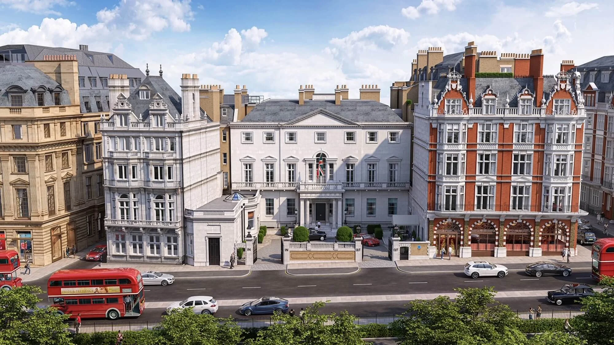 Rendu de la façade palladienne blanche de Cambridge House sur Piccadilly, à Londres, avec des bus rouges