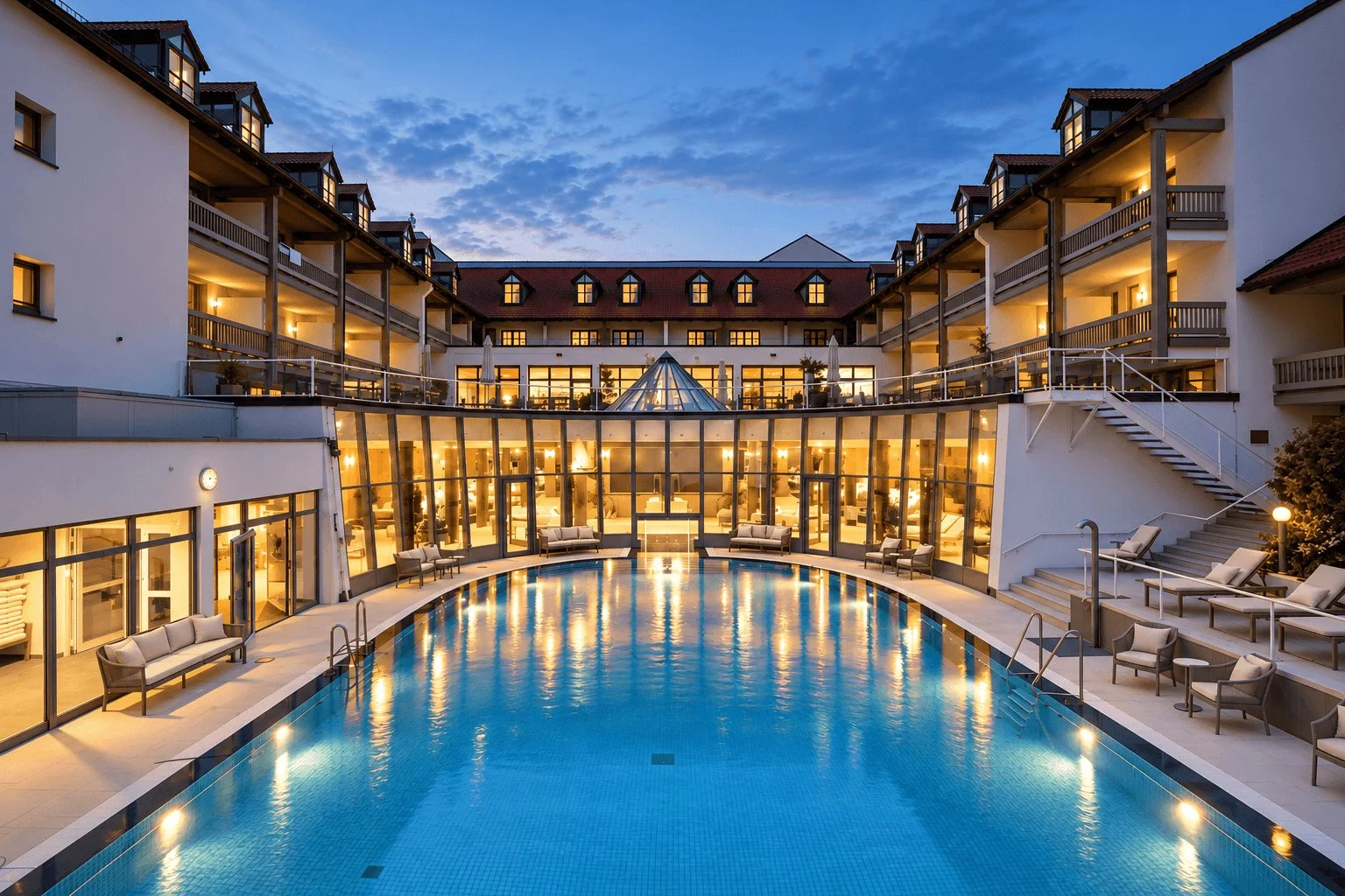 La piscine thermale extérieure de l'Ensana Fürstenhof à la tombée du jour, entre les ailes de l'hôtel à Bad Griesbach