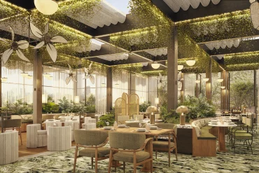 Rendu du restaurant Kuchil du Park Hyatt Mexico City Polanco, plafond végétal, plantes et grandes baies vitrées