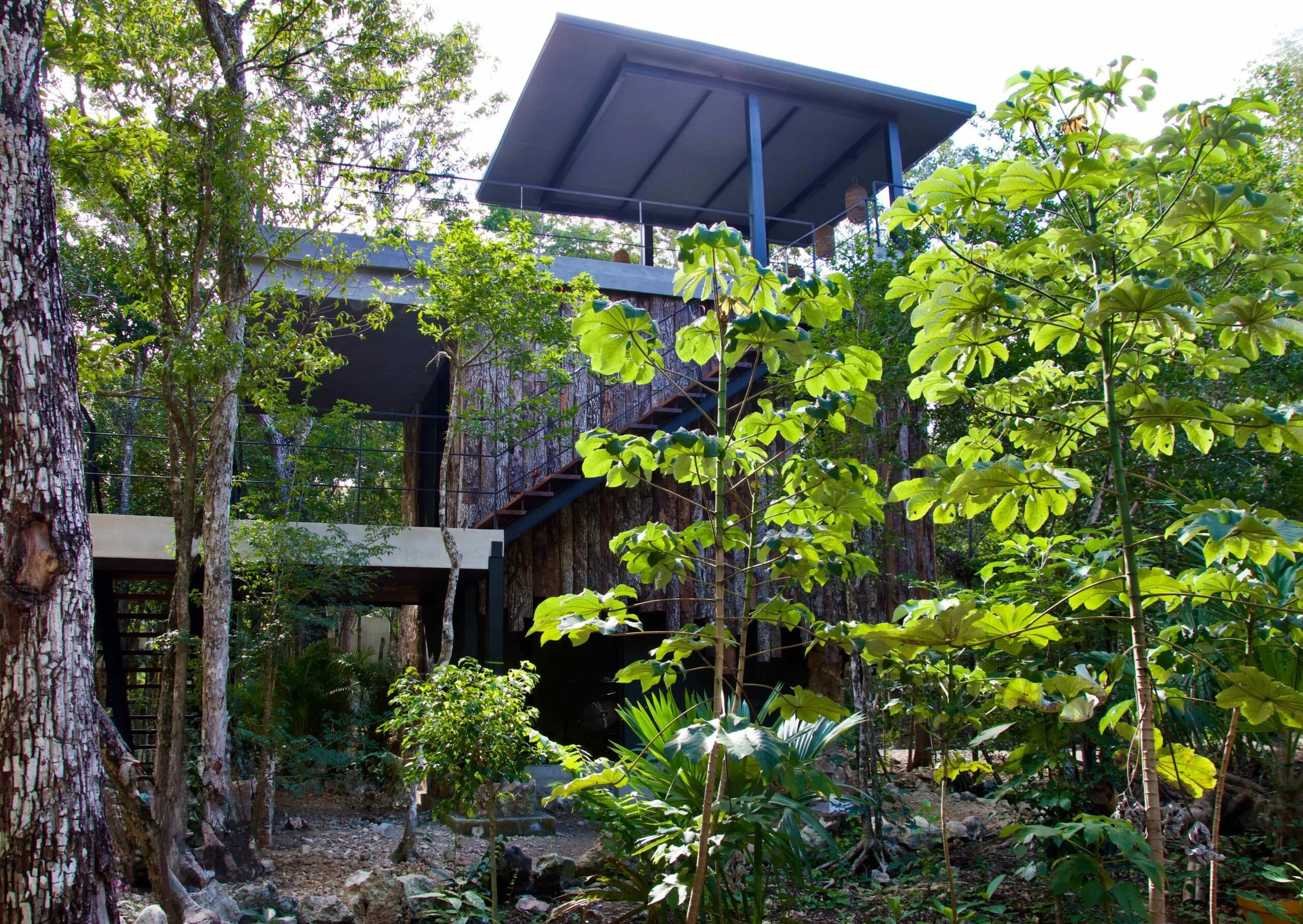 Un lodge de l'hôtel Sève avec son toit-terrasse couvert, au milieu de la jungle de Chemuyil près de Tulum