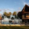 La villa royale Ari'i Vahine du Vahine Private Island au coucher du soleil, piscine et silhouette de Bora Bora à l'horizon