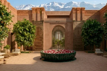 Rendu de la cour du futur hôtel Virgin Limited Edition de Marrakech, orangers, vasque de pétales et sommets enneigés de l'Atlas