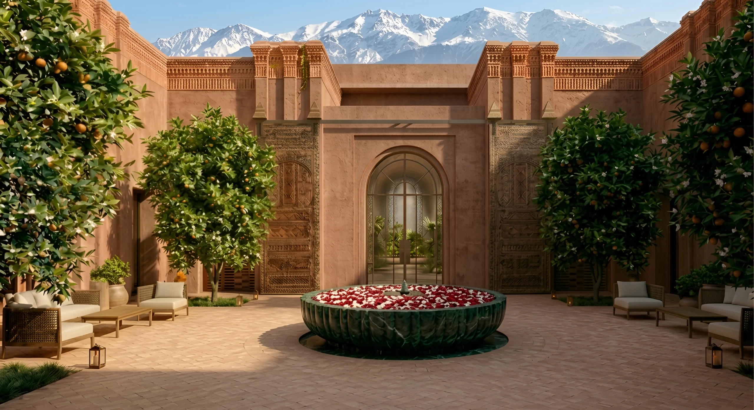 Rendu de la cour du futur hôtel Virgin Limited Edition de Marrakech, orangers, vasque de pétales et sommets enneigés de l'Atlas