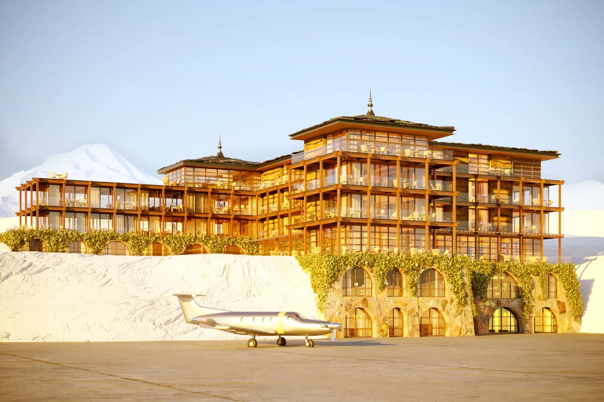 Rendu de l'hôtel Lily of the Valley Courchevel, façades en bois et terrasses au bord de la piste de l'altiport, un avion stationné devant