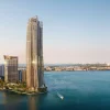 Rendu des deux tours du Mandarin Oriental, Miami à la pointe de Brickell Key, face à la baie de Biscayne