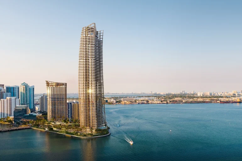 Rendu des deux tours du Mandarin Oriental, Miami à la pointe de Brickell Key, face à la baie de Biscayne