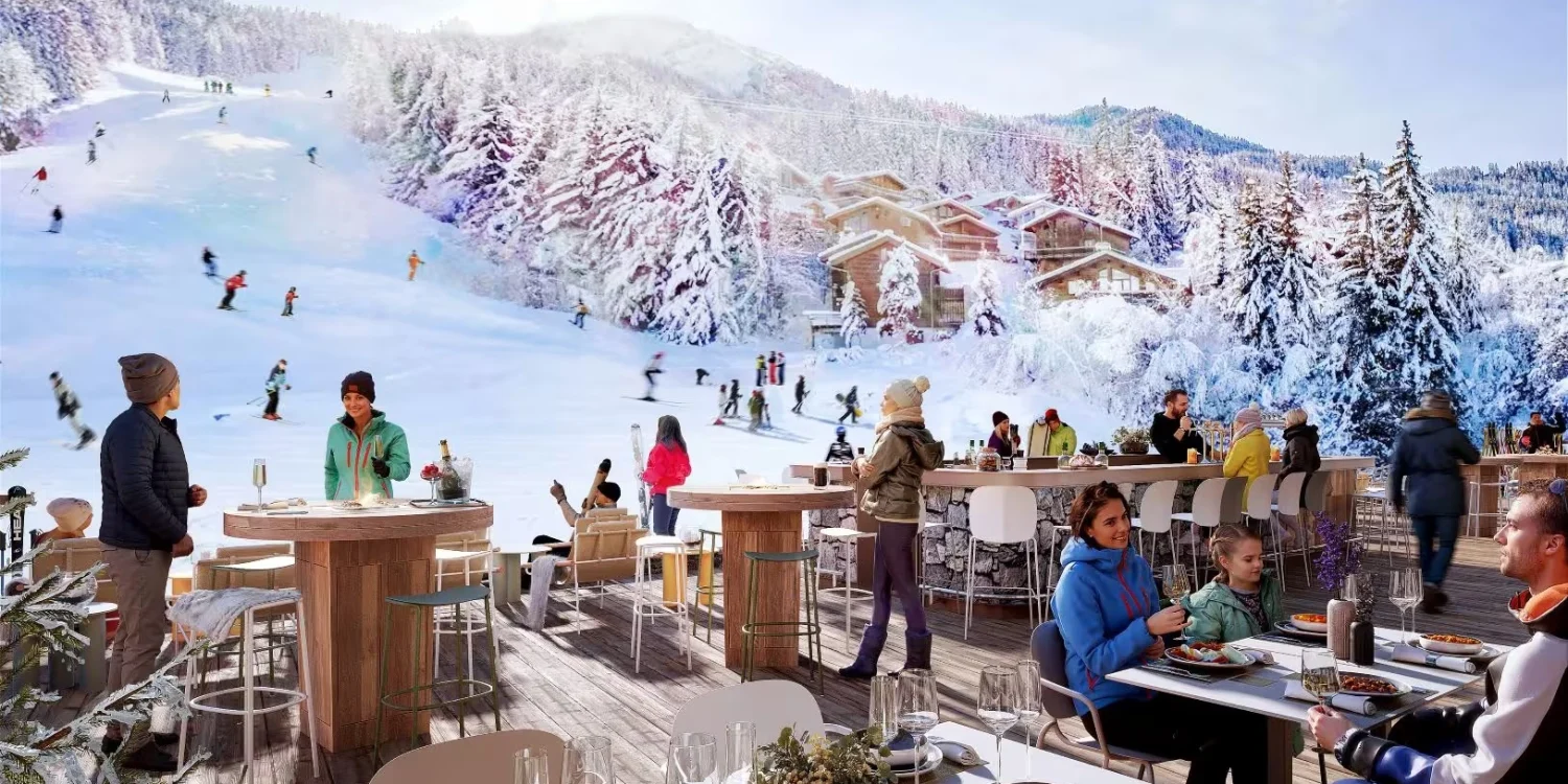 La terrasse de l'hôtel Bârma face à la piste Moretta enneigée à Courchevel La Tania, l'un des nouveaux hôtels de luxe au ski de l'hiver 2026-2027