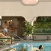 Rendu de la piscine sur le toit Upstairs de l'hôtel The Warbler à La Nouvelle-Orléans, transats verts et bar carrelé