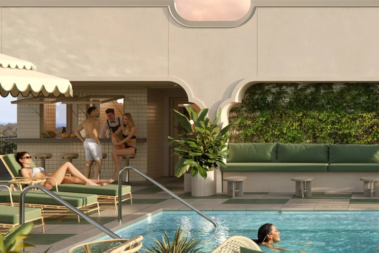 Rendu de la piscine sur le toit Upstairs de l'hôtel The Warbler à La Nouvelle-Orléans, transats verts et bar carrelé