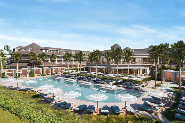 Rendu de la future piscine centrale du resort The Ocean Cliffs at Dana Point, ex-Laguna Cliffs Marriott, en Californie