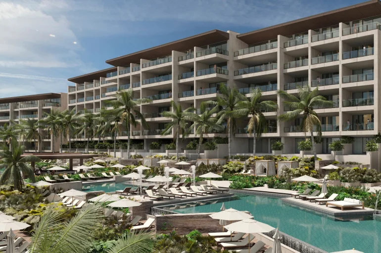 Rendu des piscines bordées de palmiers du Park Hyatt Riviera Maya, premier tout-compris de la marque