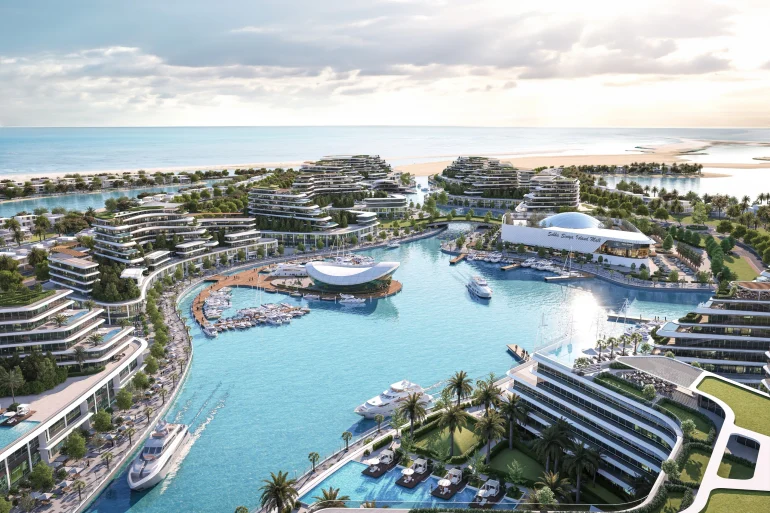 Rendu du masterplan Sobha Siniya Island à Umm Al Quwain, futur site du resort Anantara : lagon, marina et résidences en terrasses