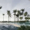 Rendu de la grande piscine du Carmel Icaraizinho Resort bordée de cocotiers face à l'océan, à Icaraí de Amontada (Ceará, Brésil)