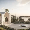 Rendu du futur Rosewood Blue Palace : arches de pierre claire, cyprès et fontaine face à l'île de Spinalonga, en Crète