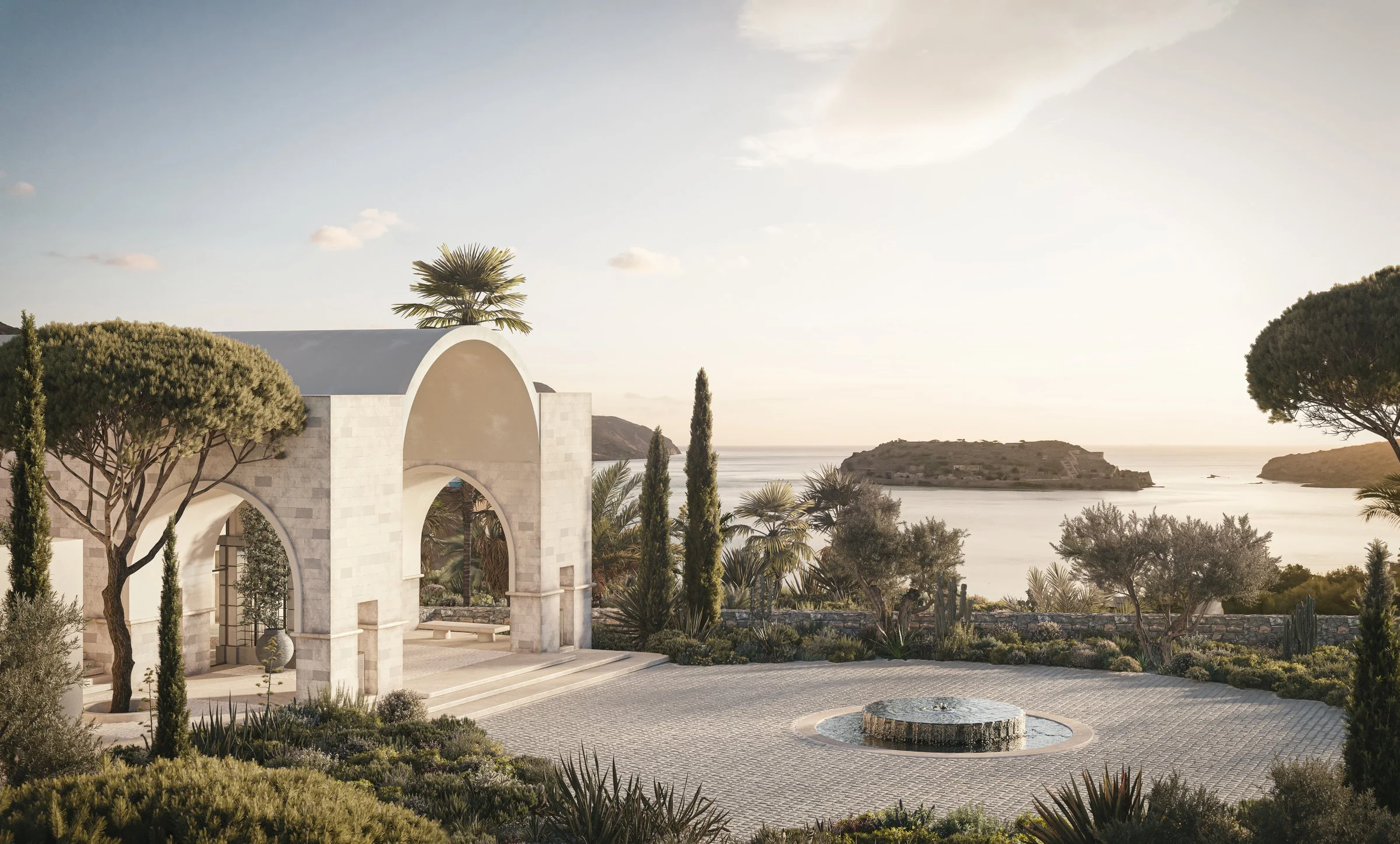 Rendu du futur Rosewood Blue Palace : arches de pierre claire, cyprès et fontaine face à l'île de Spinalonga, en Crète