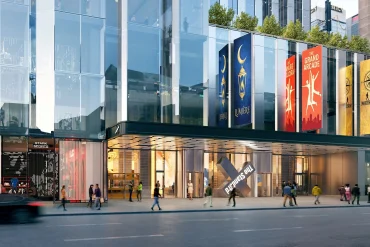 Rendu de la façade et de l'entrée de The StandardX Times Square, 255 West 45th Street à New York