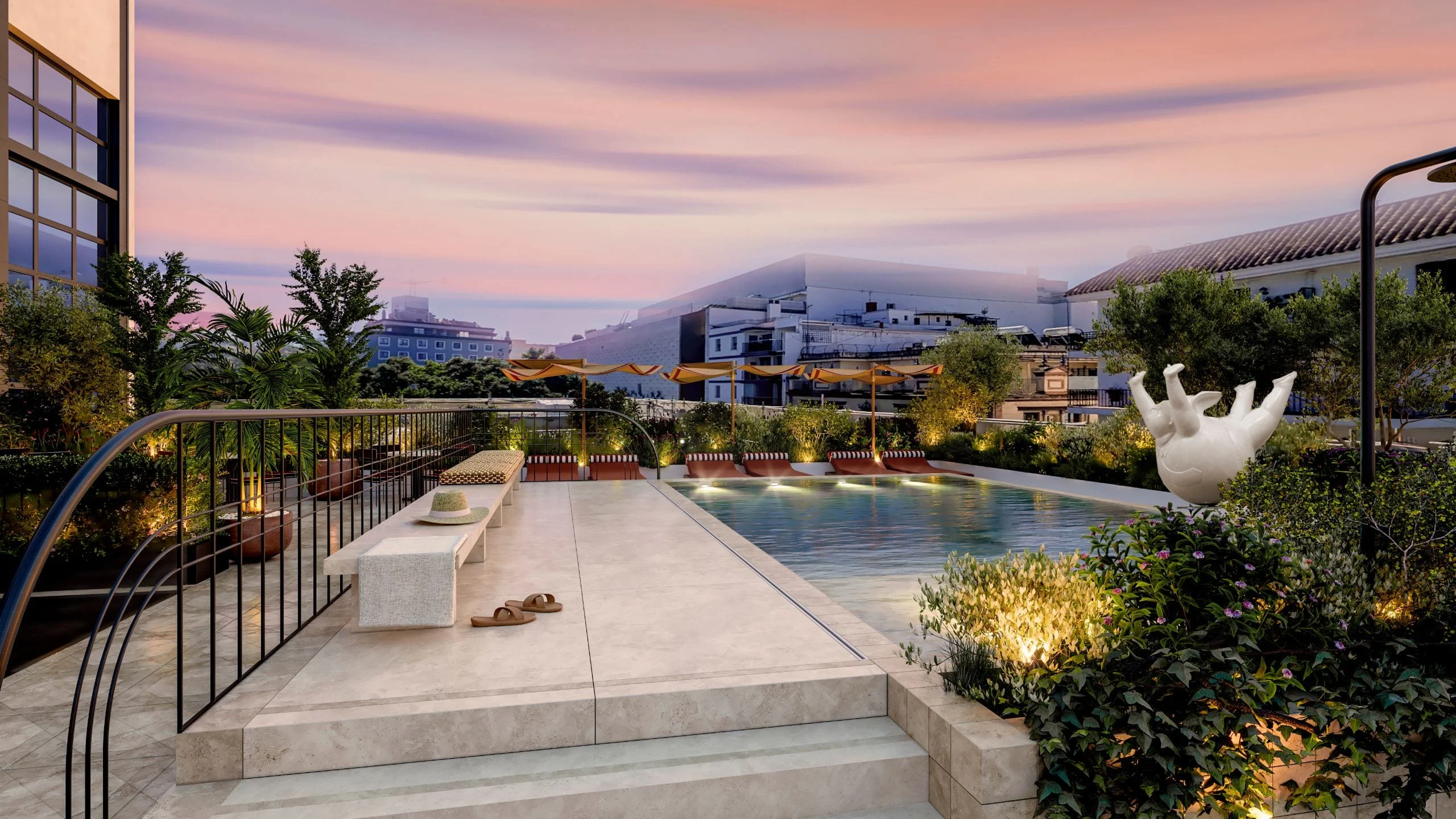 Rendu de la piscine et de la terrasse sur le toit du Thompson Sevilla, au coucher du soleil sur Séville