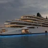 Le yacht Amangati d'Aman at Sea au mouillage au coucher du soleil, rendu 3D