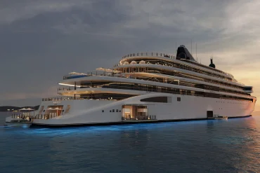 Le yacht Amangati d'Aman at Sea au mouillage au coucher du soleil, rendu 3D