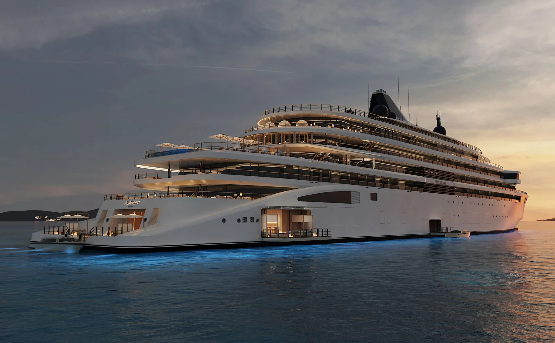 Le yacht Amangati d'Aman at Sea au mouillage au coucher du soleil, rendu 3D